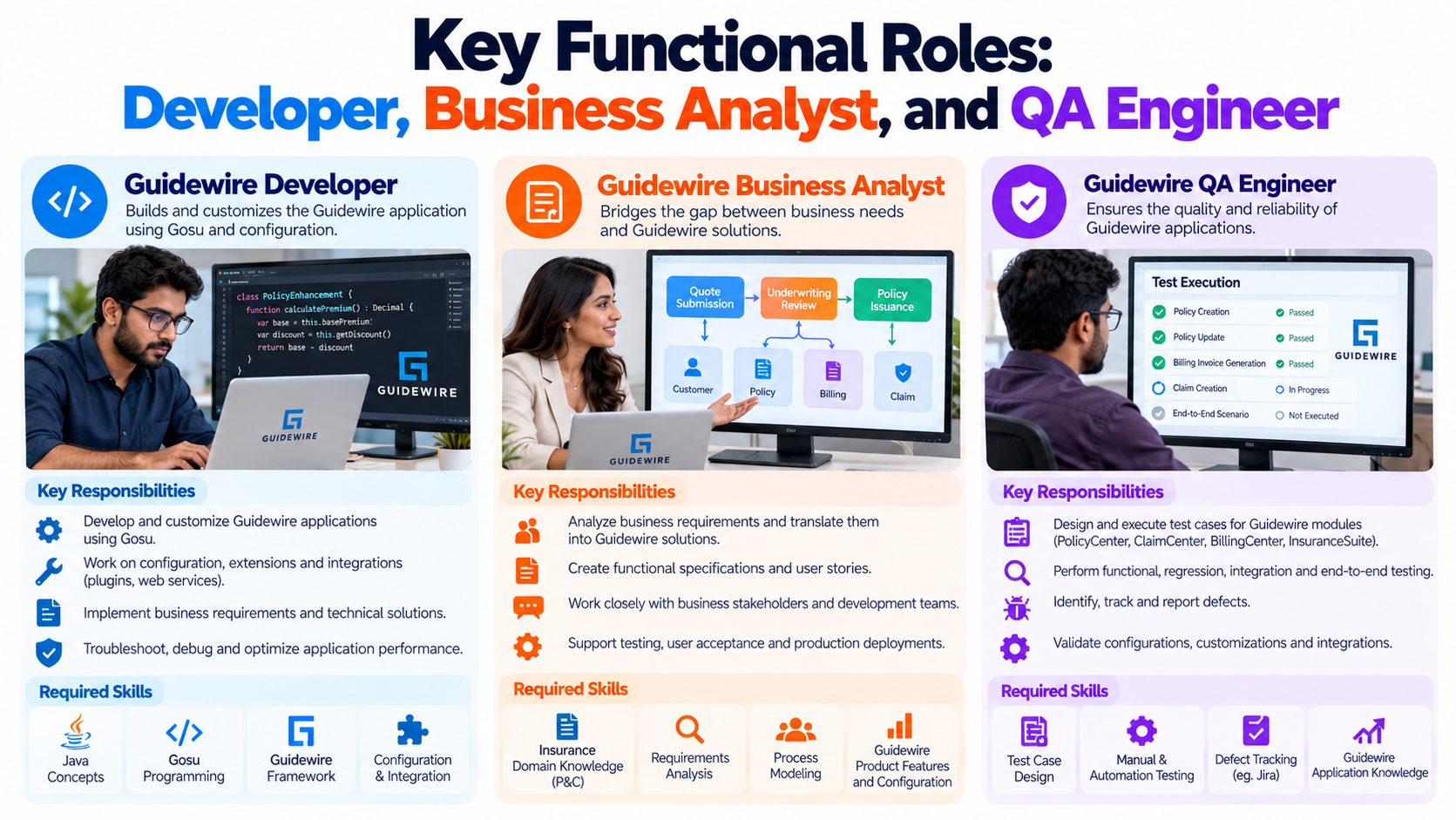 Key Functional Roles: Developer, Business Analyst, and QA Engineer